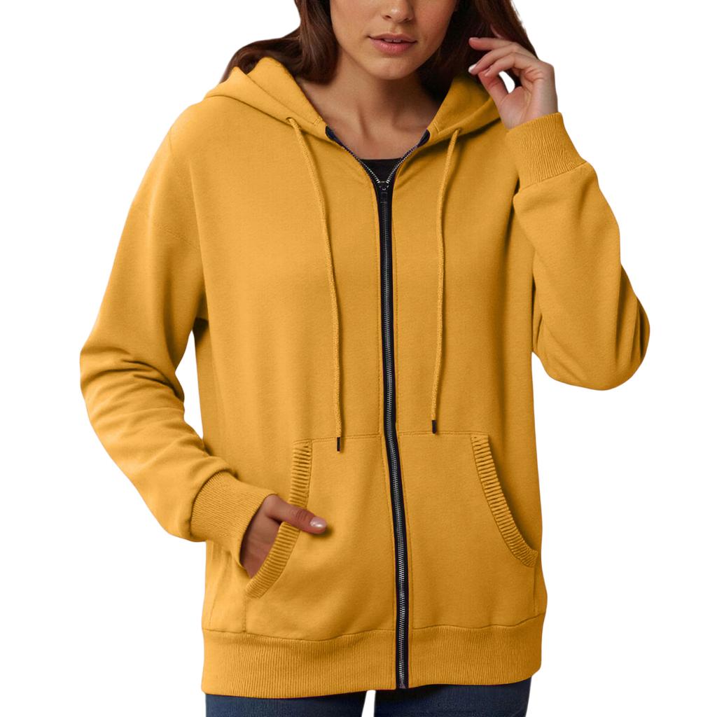 Women's Loose And Comfortable Zipper V-neck Long Sleeved Solid Color Pullover Sweatshirt Jacket