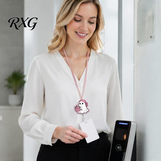 Clear Acrylic Retractable Badge Reel Halloween Ghost Reel, Glitter Holder Clip, Cute Pink for Collar or Bag ID Name Women Nurse Teacher Medical Office