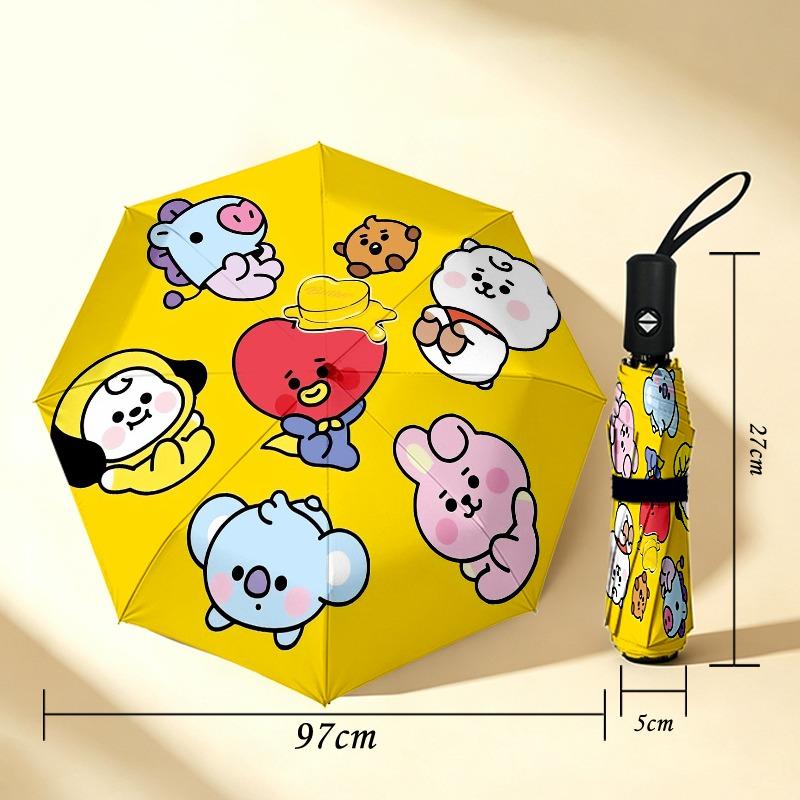 Bt21 Characters Portable 3 Folds Umbrella Portable Windproof Folding Rain Umbrella For Travel Outdoor Sun Protection Travel Outdoor Gift