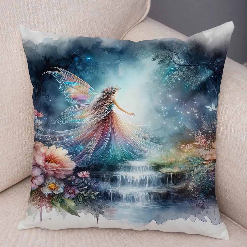 Niedlicher Cartoon Waldmädchen Elfen Kissenbezug Doppelseitig bedruckter Kissenbezug Deko für Sofa Zuhause Superweicher Plüsch Kissenbezug 40x40cm