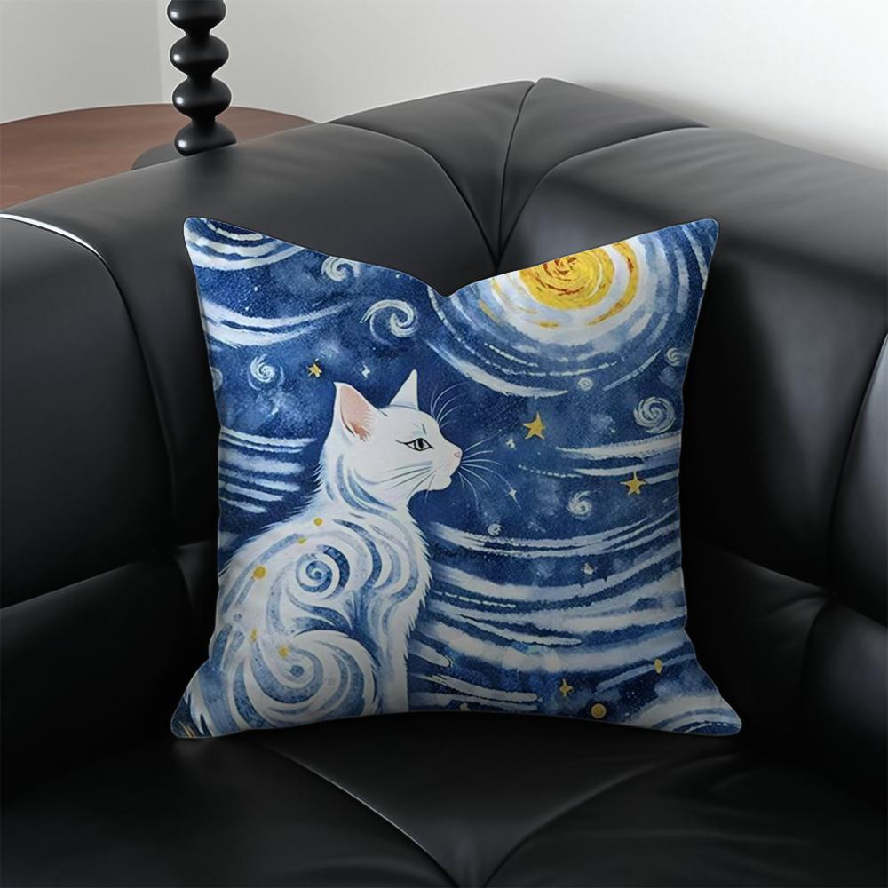 Van Gogh Starry Sky Kawaii Cat Cushion Cover Pillow Case Anti-Dustmite Invisible Zipper Silky Plush Cushion