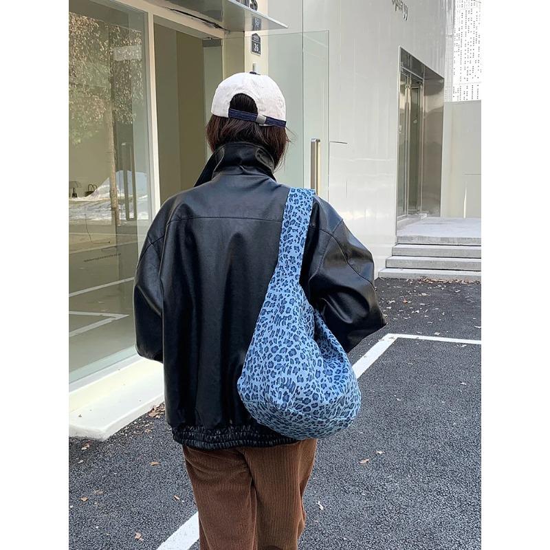 Retro Leopard Print Women's Canvas Shoulder Bags Large Capacity Ladies Casual Tote Handbags Simple Daily Female Underarm Bags