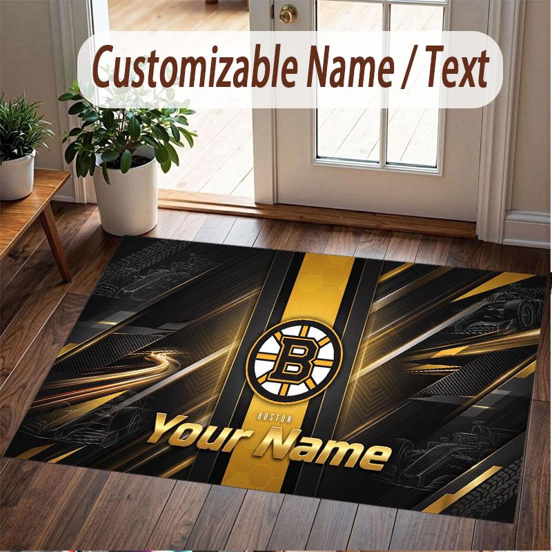 Custom Rug Boston Bruins Pattern Print Name Text Soft Non‑Slip Floor Carpet for Home Indoor Decoration