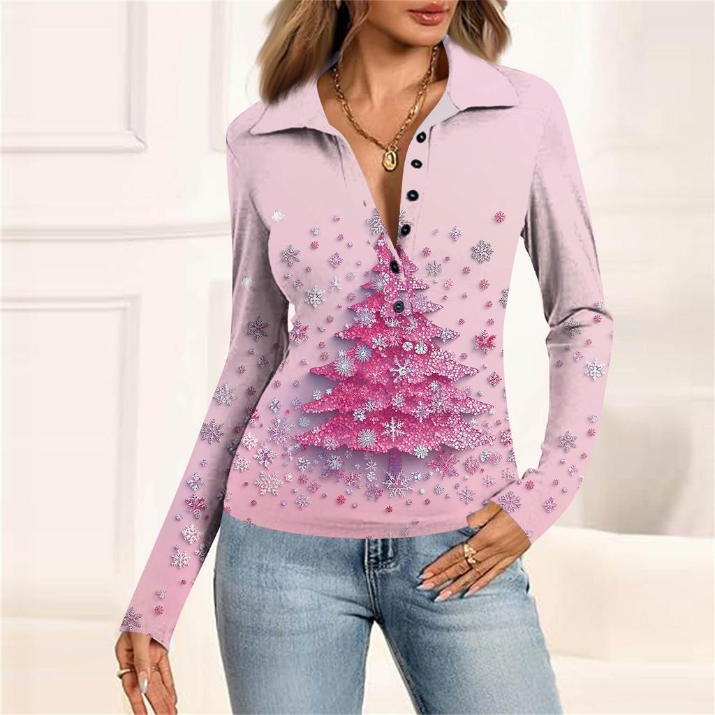 Damenmode Lässig Bedrucktes V-Ausschnitt Langarm Knopfleiste Oberteil