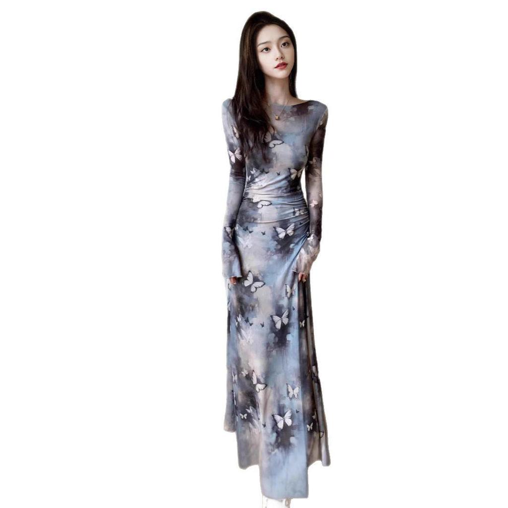 Women's Retro Tie-Dye Mesh Midi Dress - Waist-Slimming Long Sleeve (2025 Spring/Autumn)