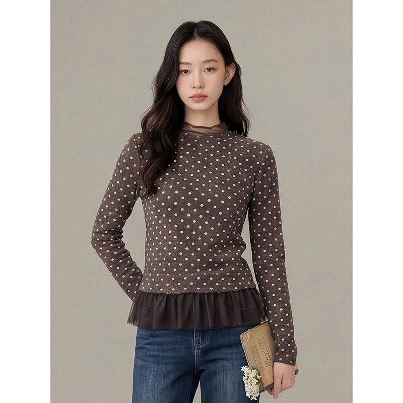Polka Dot Gauze Mesh Pleated Retro Long Sleeve T-shirt One Size (85-125)