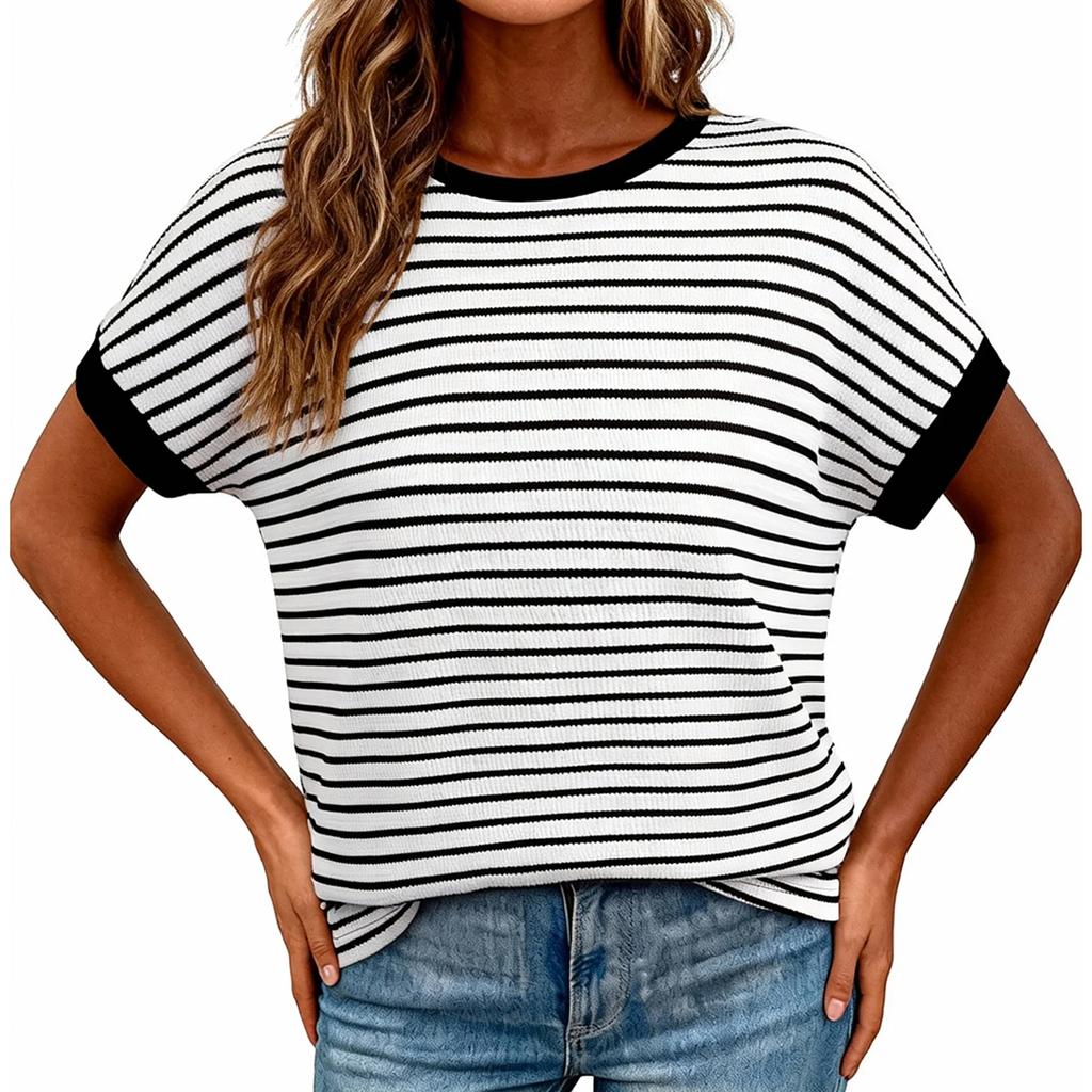 Dames Casual Gestreept Gebreid Top met Korte Mouwen