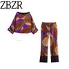 Zbzr Autumn New Women Clothes Silk Satin Print Shirts Top Casual Trousers Set 8705155 8755154