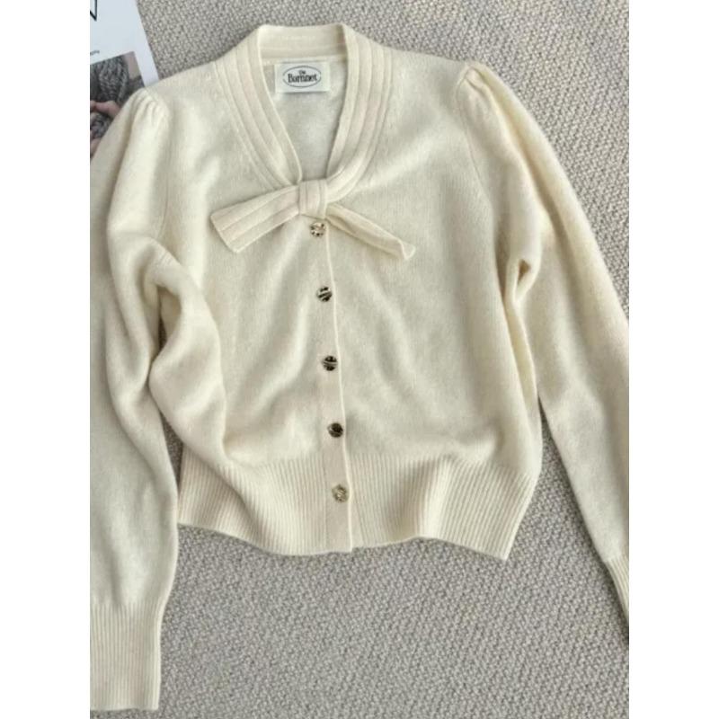 Bow Neckline Solid Color Knitted Sweater Autumn Large Size Fat MM Elegant Temperament Fashion Cardigan Long Sleeve Top