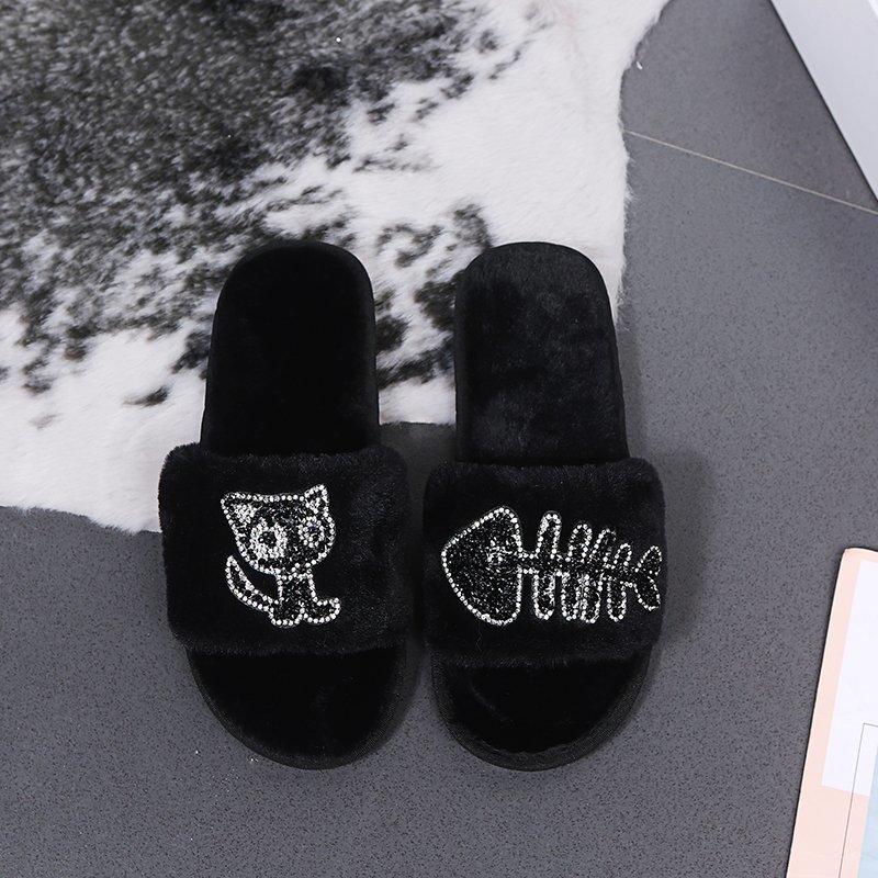 Fashion Fashion Crystal Cartoon Cat Fur Slippers Women Comfort Faux Fur Cotton Slippers Woman Winter Open Toe House Plush Slides Mujer