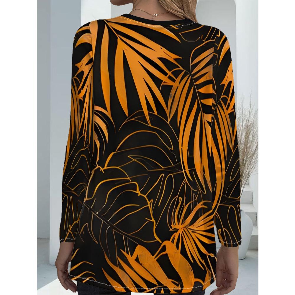 Women's Pocket Design Fashion Palm Leaf Print Long Sleeve T-Shirt Women's Crew Neck Sports Outdoor Commuter Top