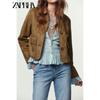 Zaprha 2025 Autumn New All-Match Suede Effect Lapel Long Sleeve Crop Jacket Outerwear 4968224
