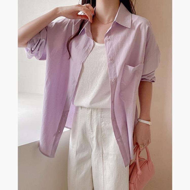 Summer Women Top Solid Color Shirt Spring Loose Thin Sunscreen Jacket High End Lazy Style New