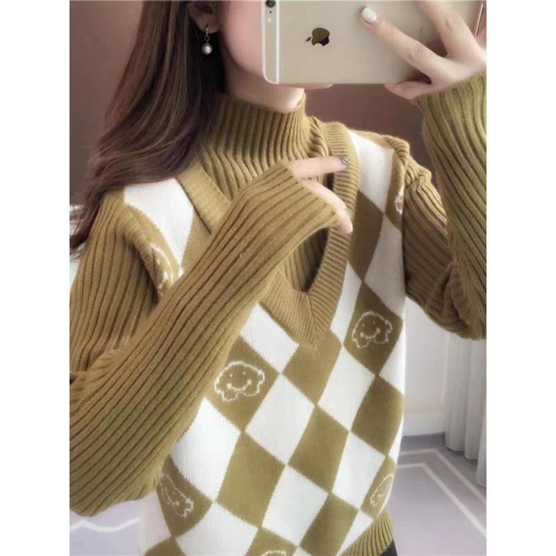 

Autumn fake two pieces and a half turtleneck high-end sense super good-looking sweater women s autumn and winter new knitted bottoming shirt top One size жёлтый