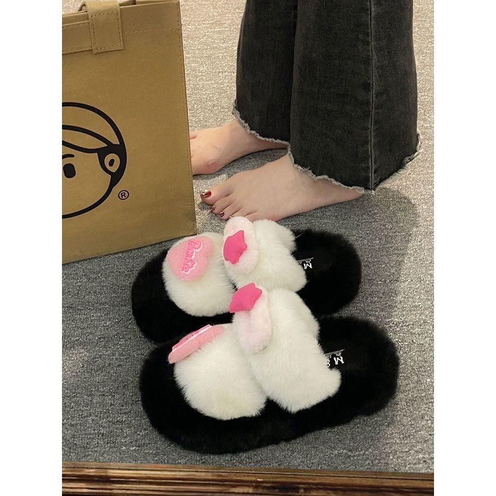 Rabbit fur premium trendy plush slippers wear fluff feeling small fragrance sweet sister cotton drag fried street cute