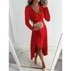 Autumn and Winter Long-sleeved V-neck Pleated Hem Split Dress, Ladies High-waisted Temperament Holiday Conference Evening Dress Elegant ST22117