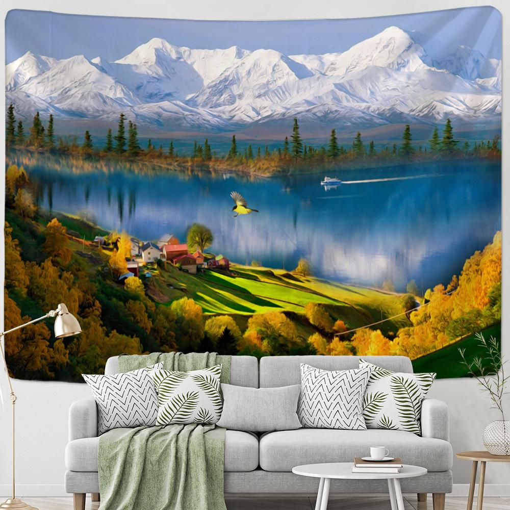 Schnee Berg Wald Ölgemälde Wandteppich Hängen Hippie Bohemian Psychedelic Tapiz Zimmer Wohnzimmer Dekor