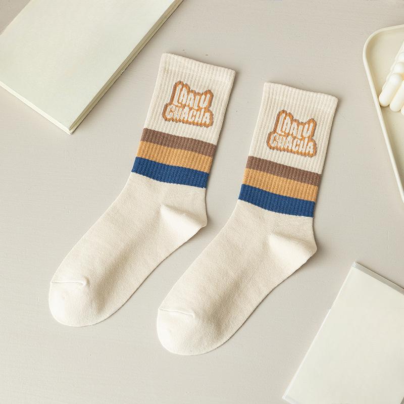 Female Spring and Autumn Tide Stripe Number Letter Tube Cotton Socks
