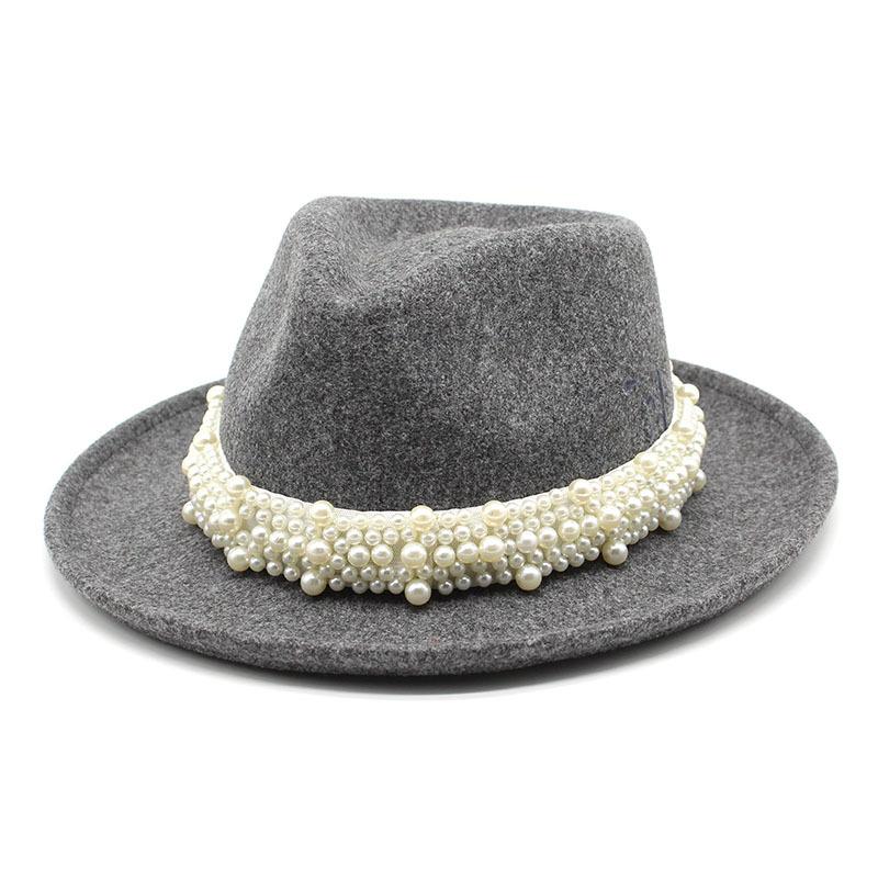 Pearl Wool Top Hat Men'S And Ladies' Jazz Hat Rolled Eaves Big Eaves Hat Tweed Wool Hat
