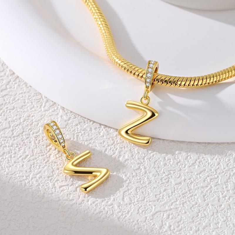 Copper Charms Golden Zircon Alphabet A-Z Beads Pendants Dangles Fit Original Charm Bracelet Women Diy Gift Jewelry