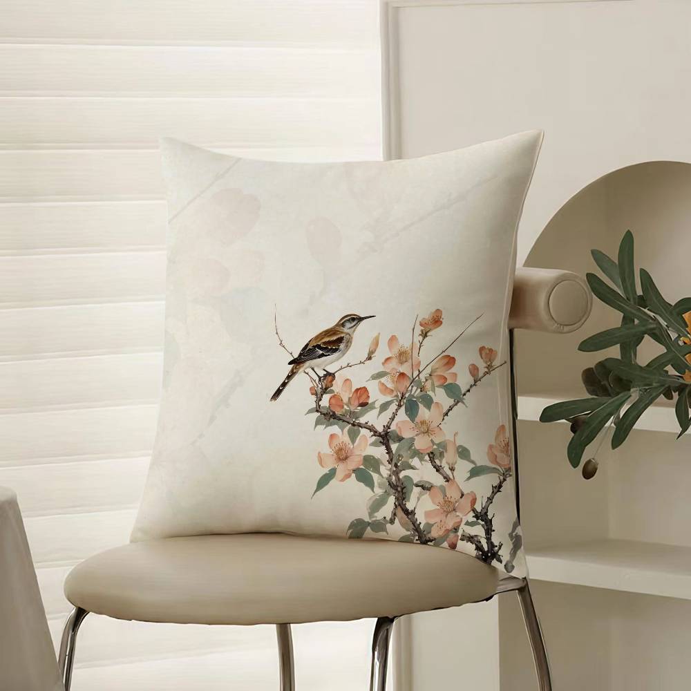 Chinese Style Simple Bird Flowers Pillow Case Comfort Sofa Bed Silky Elegant Invisible Zipper Decorative Cushion Cover