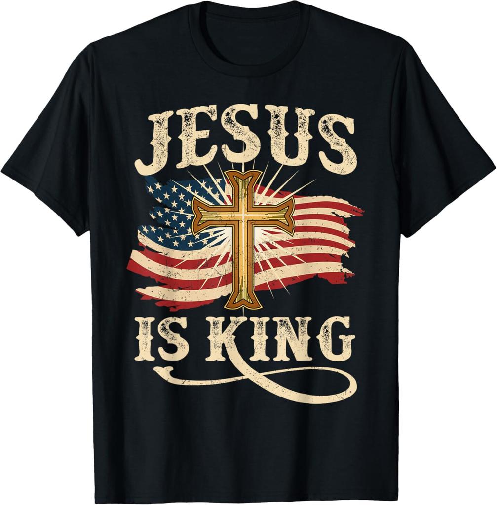 Jesus Is King Christian Cross USA American Flag Religious T-Shirt
