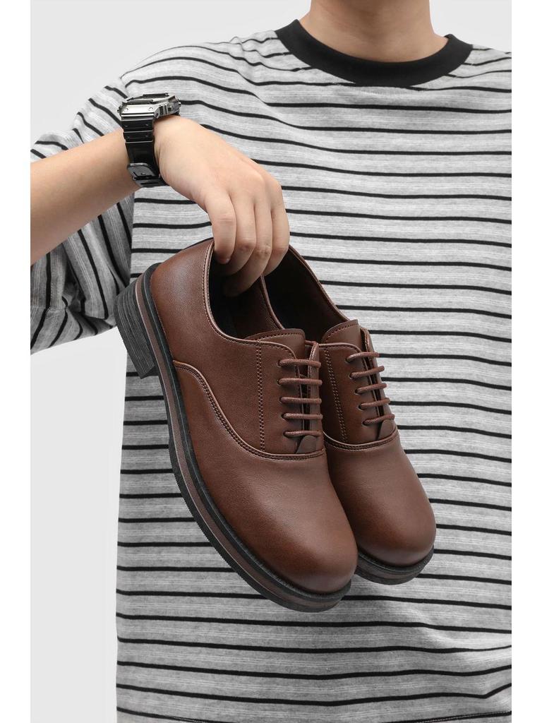 Men's Black Genuine Leather Derby Shoes - High-End, Round Toe, Formal/Casual, French/Japanese-Inspired.