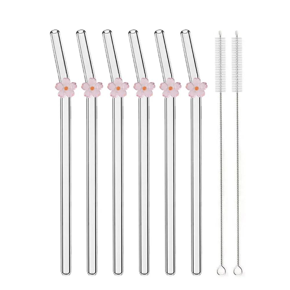 6PCS Reusable Drinking Straws Cute Flower Glass Straws with Cleaning Brush for Coffee Lover Smoothies Frozen Drinks Tea Juice