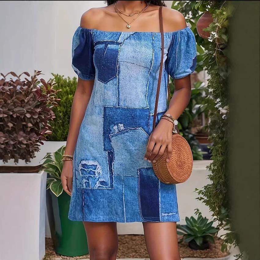 Women's Off Shoulder Puff Sleeve Denim Print Short A-Line Casual Dress