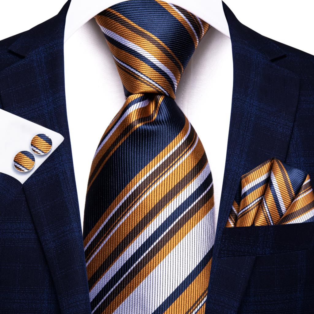Hi-Tie Navy Blue Striped Silk Wedding Tie For Men Fashion Design Gift Men Necktie Hanky Cufflink Set Business Party Dropshiping