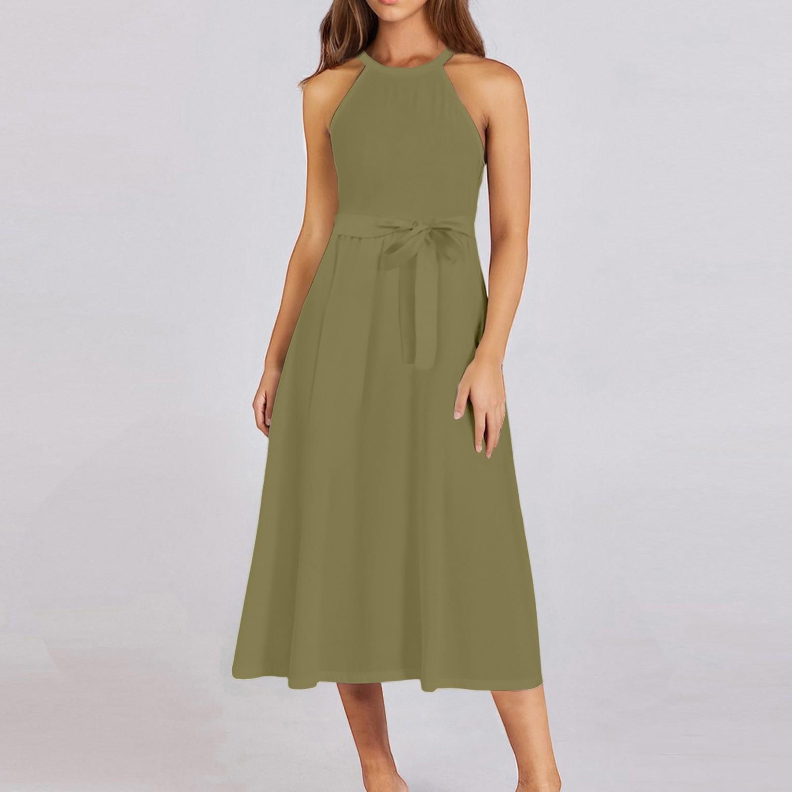 

Женское повседневное платье миди с круглым вырезом, классическое, повседневное, без рукавов, свободное платье в стиле бохо с завязками, летний пляжный сарафан L