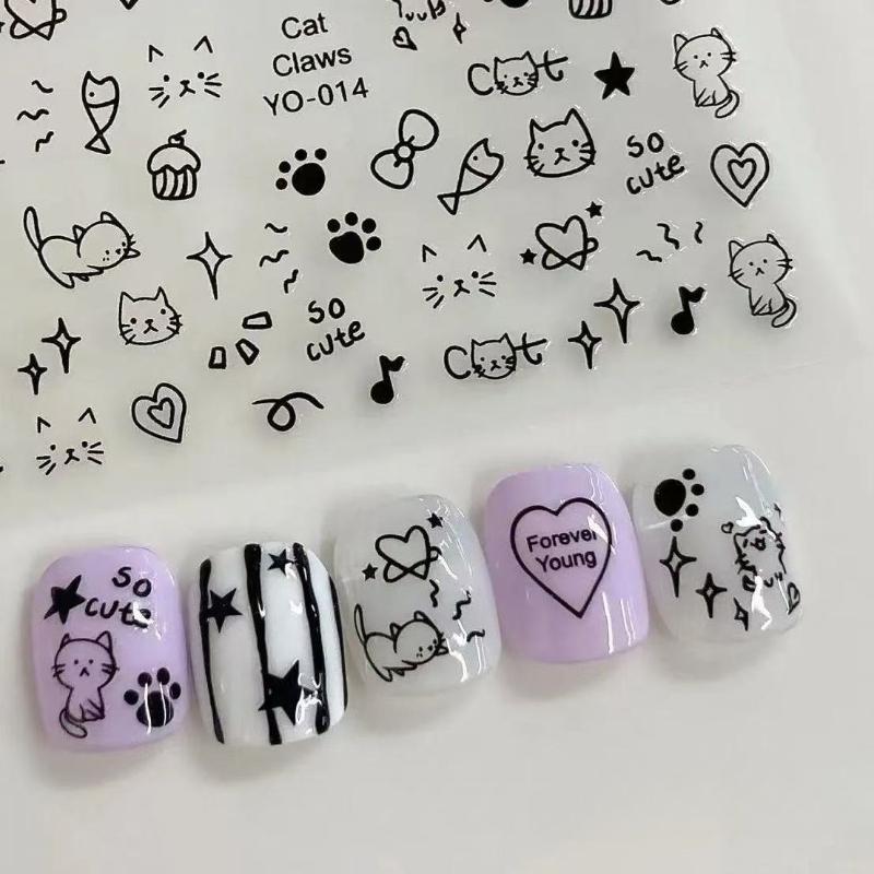 Cute Cat Dog Hand-painted Nail Stickers Kitten's Paw Small Pattern Childlike English Graffiti Decal Nail Decoration