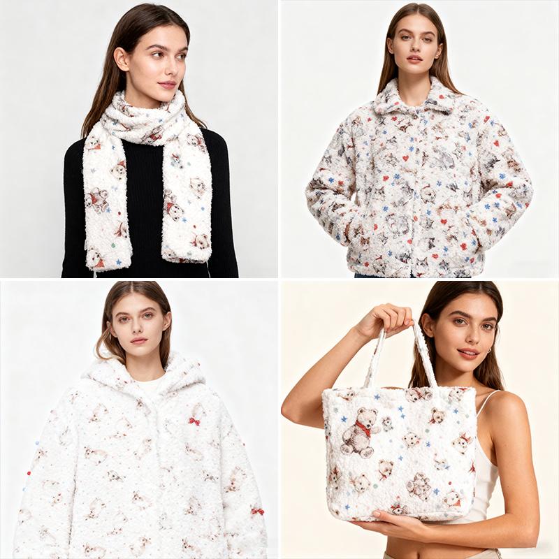 0.5m/1m/2m Thickened Small Bear Printed Lamb Fleece Fabric Making Winter Coats Scarves Hoodies Home Clothes Handmade DIY Fabric