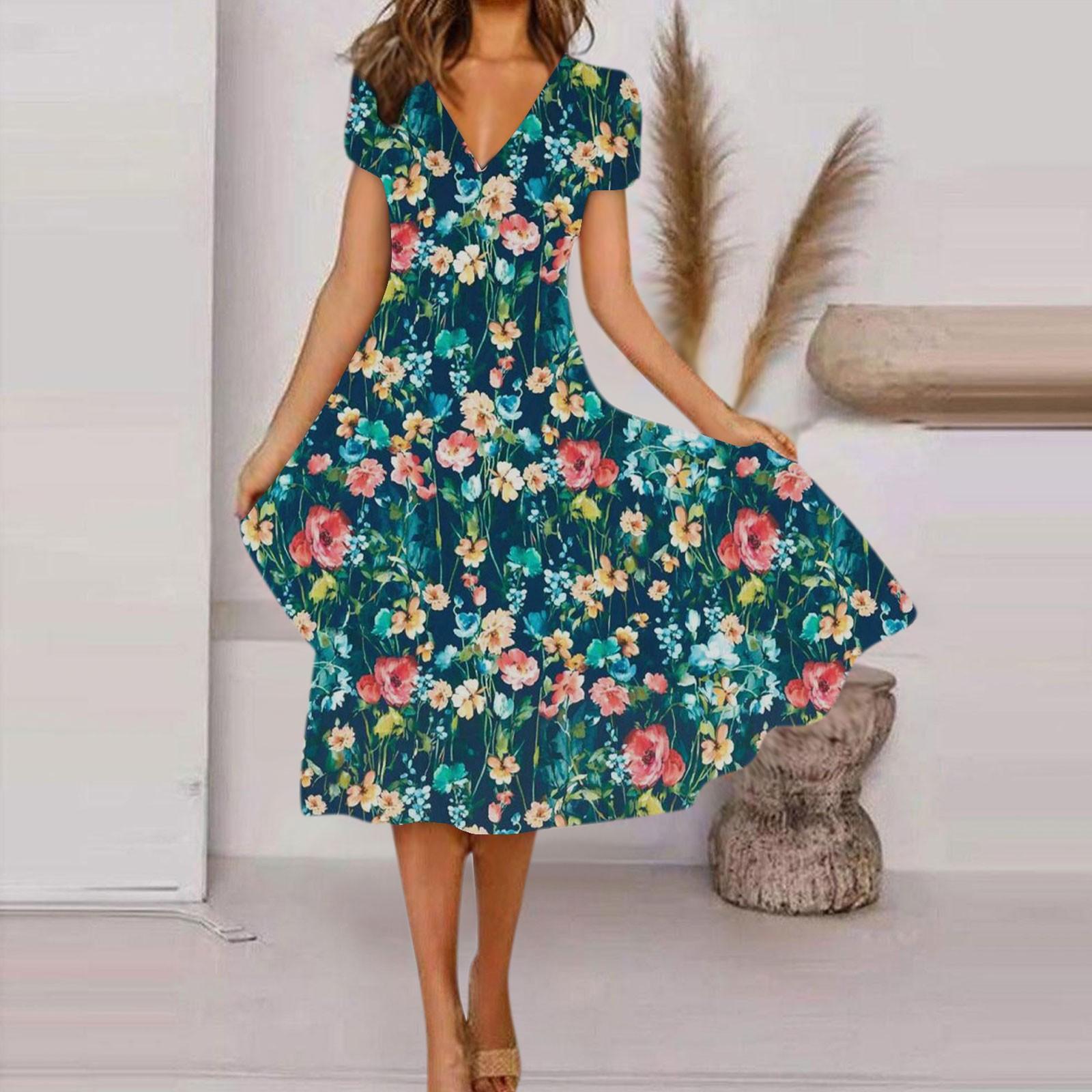 

Женское летнее повседневное модное свободное платье с коротким рукавом и v-образным вырезом с цветочным принтом XL