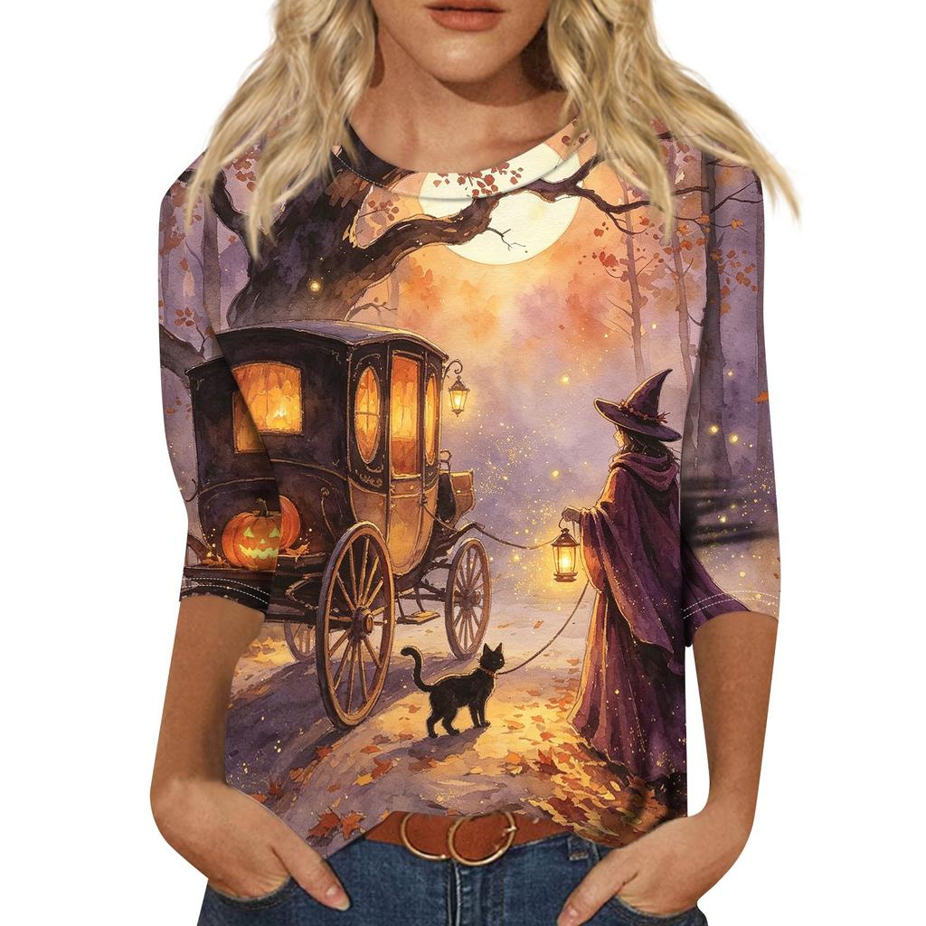 Women's Fashion Casual Halloween Print 3/4 Sleeve T-Shirt with Round Neck