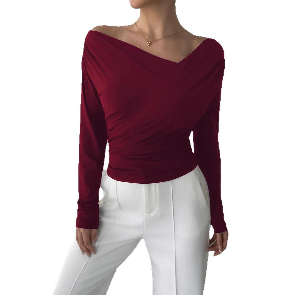 Spring Solid Off The Shoulder Off Shoulder Slim Long Sleeve Versatile Commute Top Fashion Daily Basic Office Lady Casual Slim Fit Ladies Elegant Top