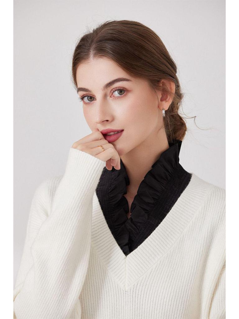 Ruffled Edge Cotton Deep V-Neck Fake Collar for Girls – Decorative Collar for Sweaters and Cardigans (White, Autumn/Winter)