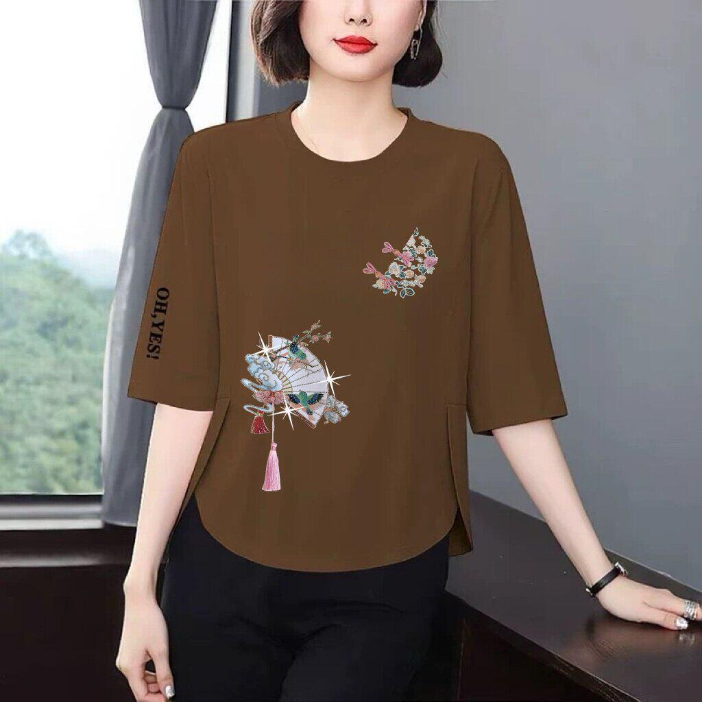 Trendy Printed 3/4 Sleeve T-Shirt for Moms: Loose, Slimming, Belly-Covering, Age-Reducing Top for Middle-Aged and Elderly Women