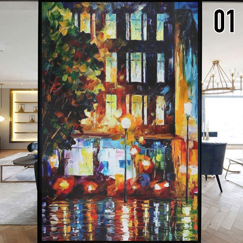 European Style Retro Privacy Windows Film Landscape Oil Painting Colorful Stained Glass Stickers Static Cling Glass Film