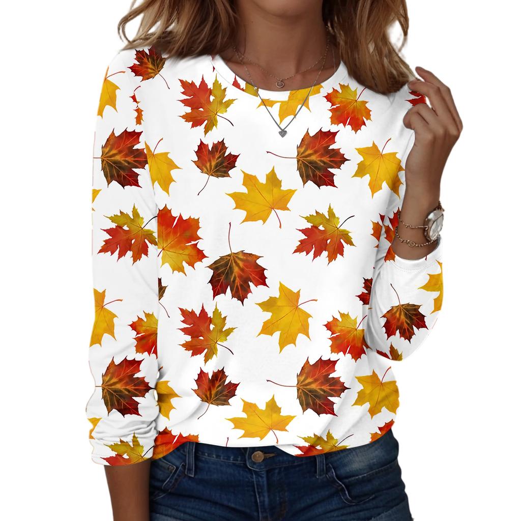 Women's Casual Long Sleeve Blouse with Leaves Print Round Neck Top for Everyday Wear