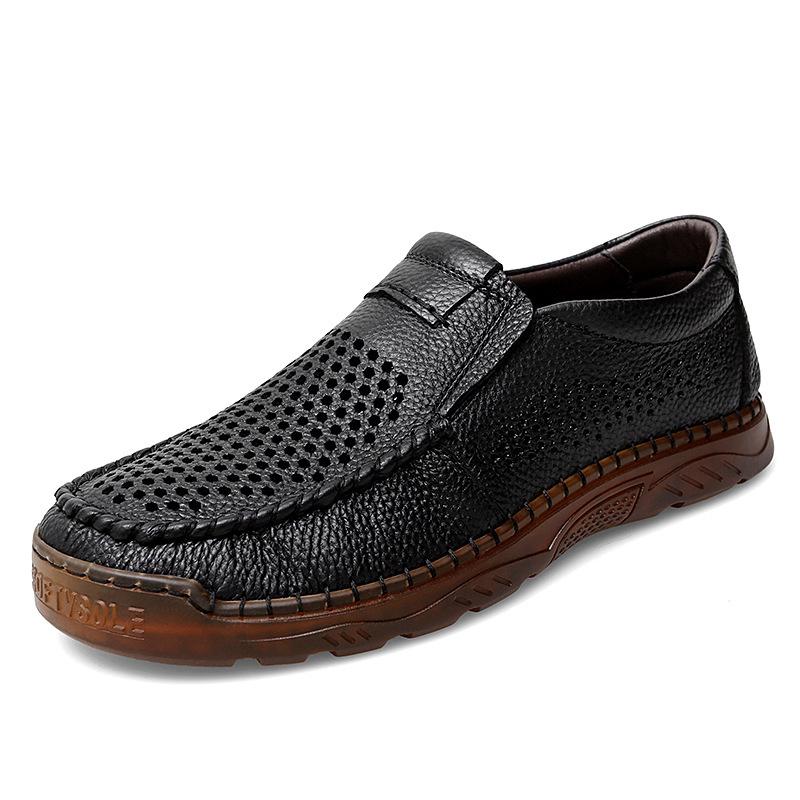 Men s Hand-Stitched Casual Leather Slip-On Shoes - Breathable, Large Size, Hollow Design for Summer 45
