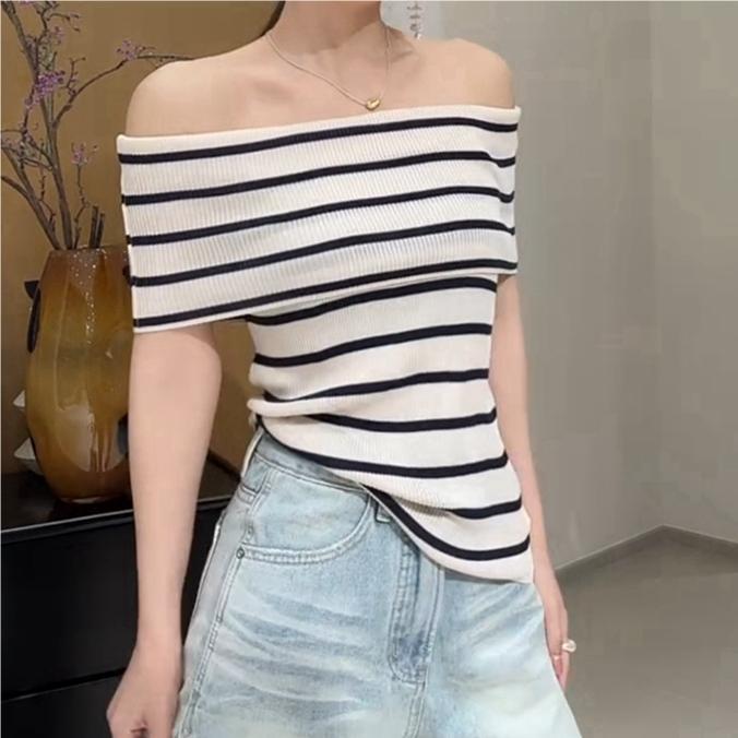 Striped Off Shoulder Sweater For Women With Slim Fit Short Sleeve Knit Top