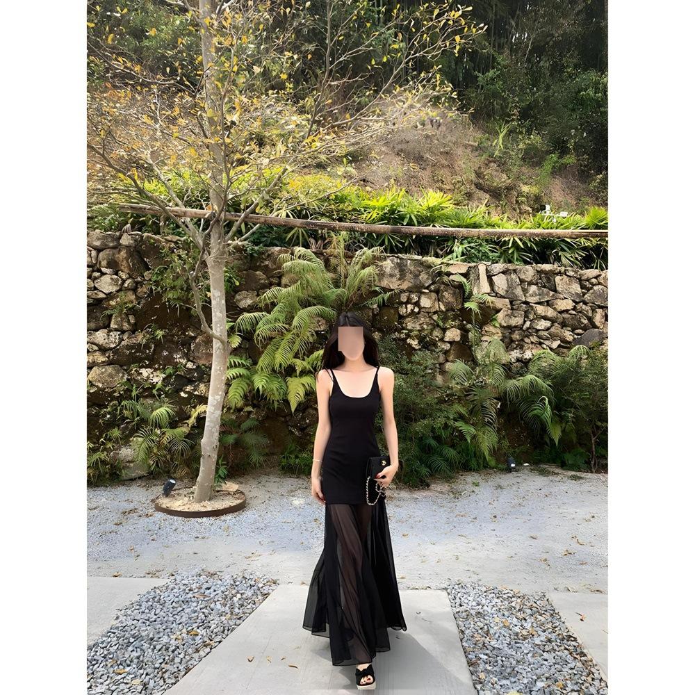 Pure Desire Style Black Mesh Splicing Sexy Suspender Dress Femininity Summer New Seaside Vacation Waist Dress