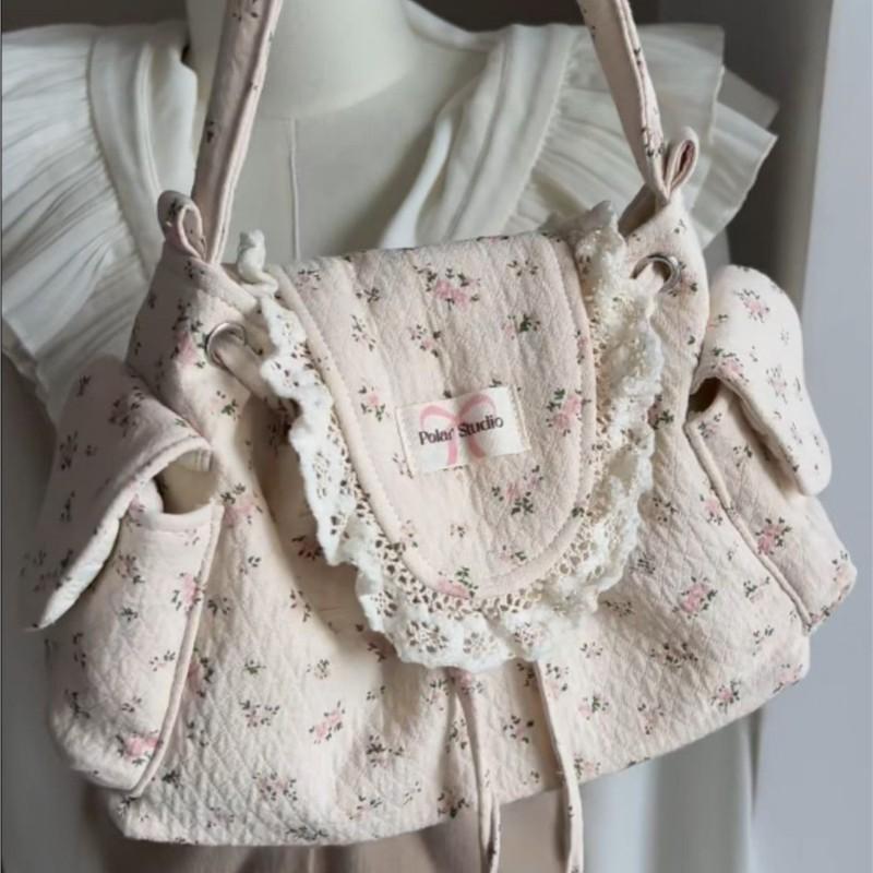 Korean Sweet Lovely Floral Tote Bag Women Lace Large Capacity Canvas Shoulder Bag Ladies Harajuku Gentle Versatile Underarm Bags