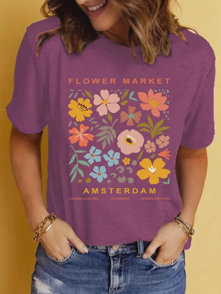 Women's Summer Patterned Round Neck Short-Sleeve Casual T-Shirt
