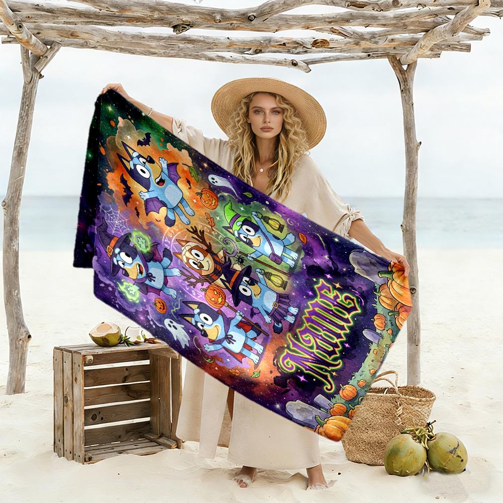 Halloween Bluey Party Personalized Name Beach Towel Quick-Dry Soft Microfiber