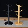 6 Hooks Bamboo Coffee Cup Holder Thickened Base Tree Shape Coffee Cup Rack Sturdy Design Wood Material Cup Storage Holder