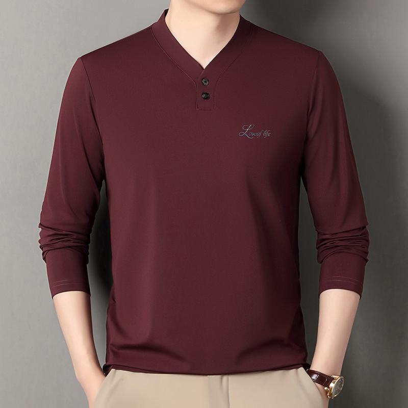 Luxury Brand Quality Men'S V-Neck T-Shirt Autumn Fashion Solid Color Print Long Sleeve Comfortable Casual Versatile Menswear Top