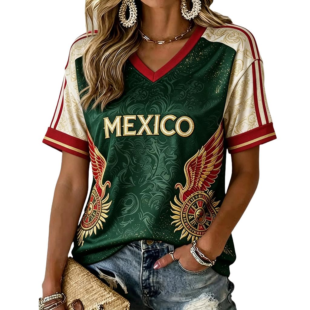 Women's V-Neck Lightweight T-Shirt with Soccer Print for Spring and Summer