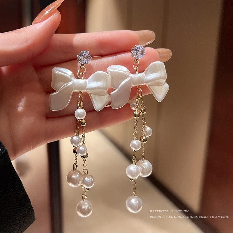 European and American retro long bow pearl fringed earrings women s temperament high-end earrings earrings